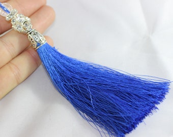 5 Pcs Royal Blue Silky Thread Tassel, Beaded Tassel Necklace, 130 mm Tassel Pendants with Rhinestones and Silver Bead Caps