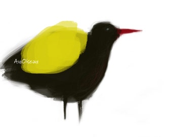 Black, yellow, red bird, original digital design, quality printing, type giclee. Frame not included.