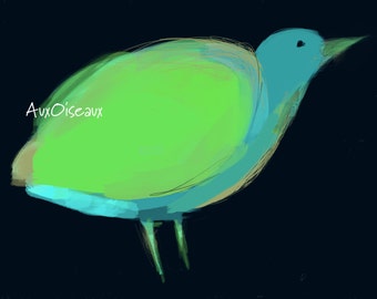 Oiseau vert d'eau, bleu, turquoise, fond noir, dessin numérique original, impression de qualité, type giclée. Cadre non-inclus.