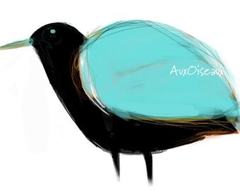 Oiseau turquoise, orange, noir, dessin numérique original, impression de qualité, type giclée. Cadre non-inclus.