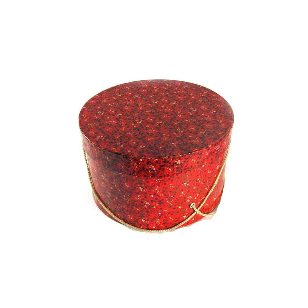 Small Red Floral Storage or Hat Box, White Cord Handle, 5″ Tal,l 8.5