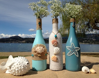 Beach Weddings. Painted Wine Bottles. Wedding Centerpiece. Patio Decor. Home Decor. Cottage Decor.