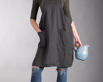Linen Aprons /Linen Smock /Linen Japanese Apron Dress / Washed Linen Summer Pinafore Apron Linen Artisan Cross Over Apron Made to order