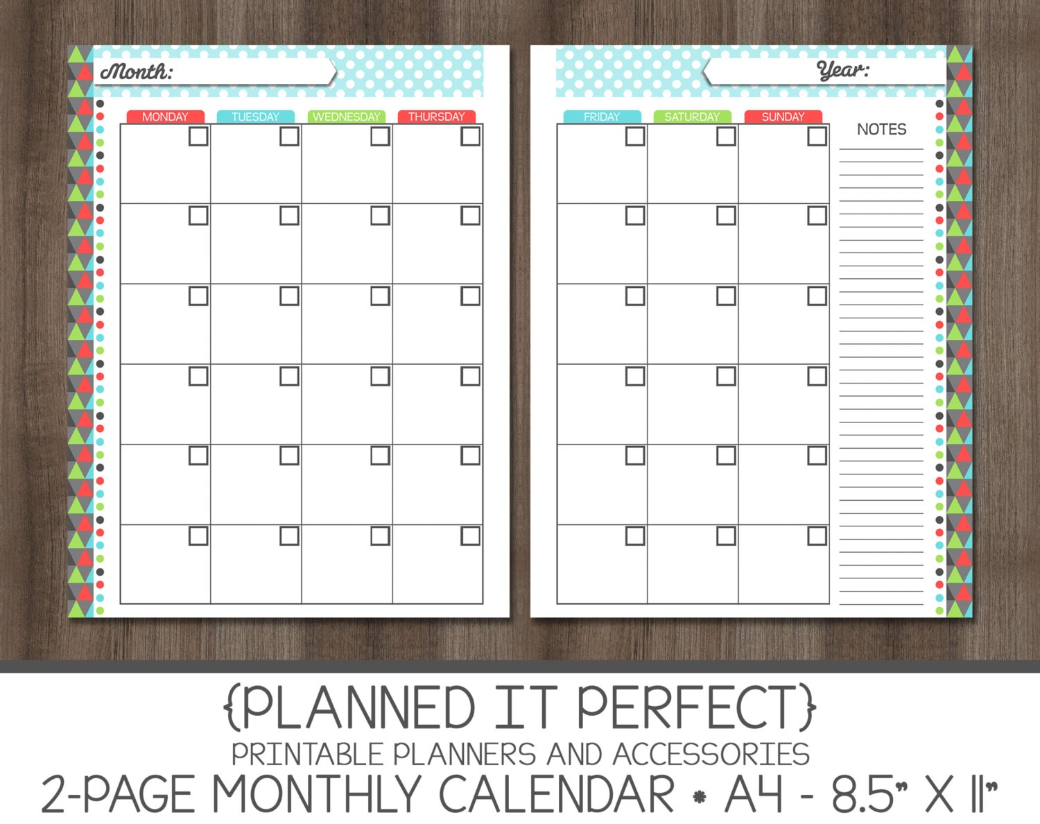 Two Page Monthly Calendar Printable CRBG by PlannedItPerfect