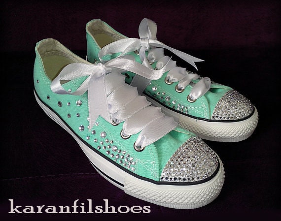 Items similar to White Bling Mint Green Converse / Swarovski / Handmade ...