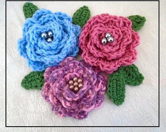 Crochet FLOWER PATTERN, corsage, brooch, hair pin, Washington Rose, Flower and leaves, appliques and trims, embellishments, # CF08
