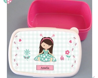 Personalised lunch box, childrens pink lunch box, printed with little green ladybug girl design. made to order, fit for a princess