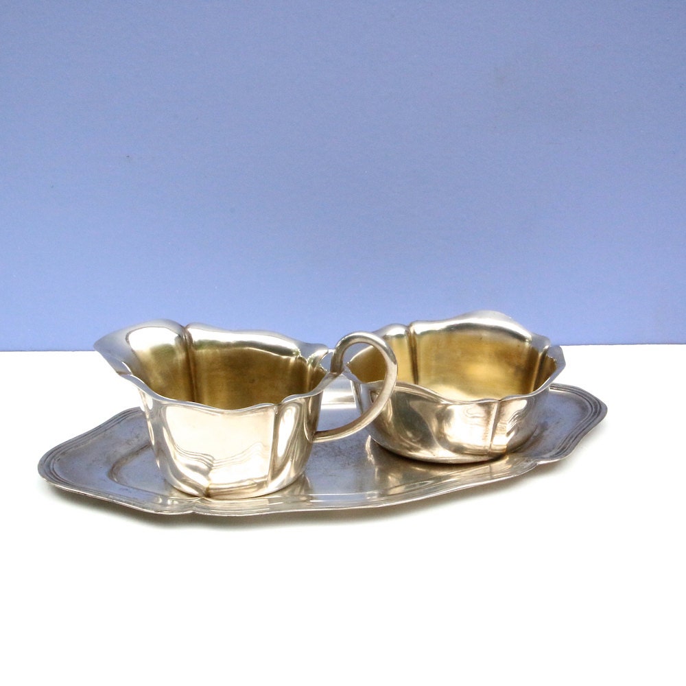 Creamer and sugar bowl set on tray, vintage Swedish serving set, silver