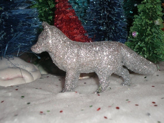 Miniature Silver Glittered Fox figurine