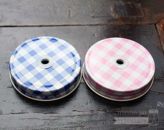 Mason Jar Straw / Tumbler Lids for Regular Mouth Mason Jars in Gingham | Mason Jar Drinking Lids | Accessories | Pink | Blue | Baby shower