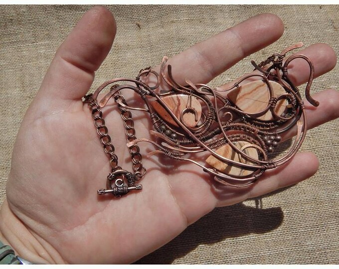 Wire-wrappered brown jasper boho pendant, wire winding necklace, floral style, Copper wire winding, Natural stone, Semi precious jewelry