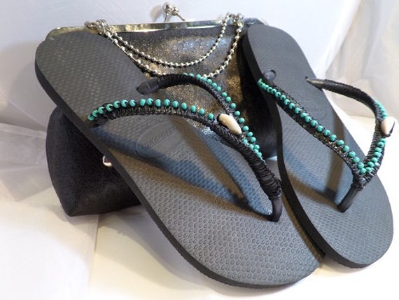 HAVAIANAS Flip Flop Slim top beads Braided Shells Anchor fin unique ...