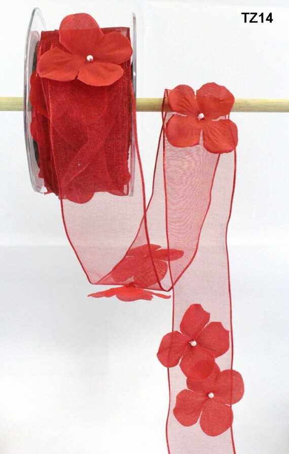 1.5 Inch Wired Ribbon Flowers Pearl Centers Red