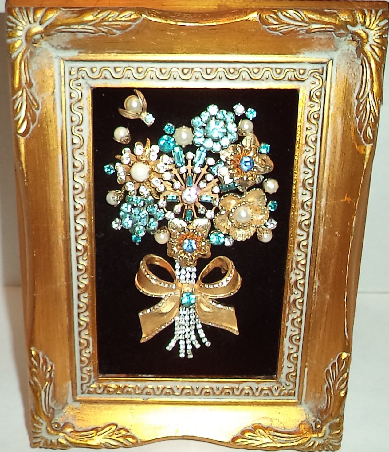Vintage Framed Jewelry Art Blue and Gold Flower Bouquet With
