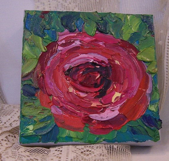 Original oil painting impasto art red rose on canvas palette