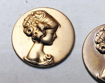 2 Vintage brass 26mm round cameo findings / cabochon, pretty right facing girl, 1960s #69B