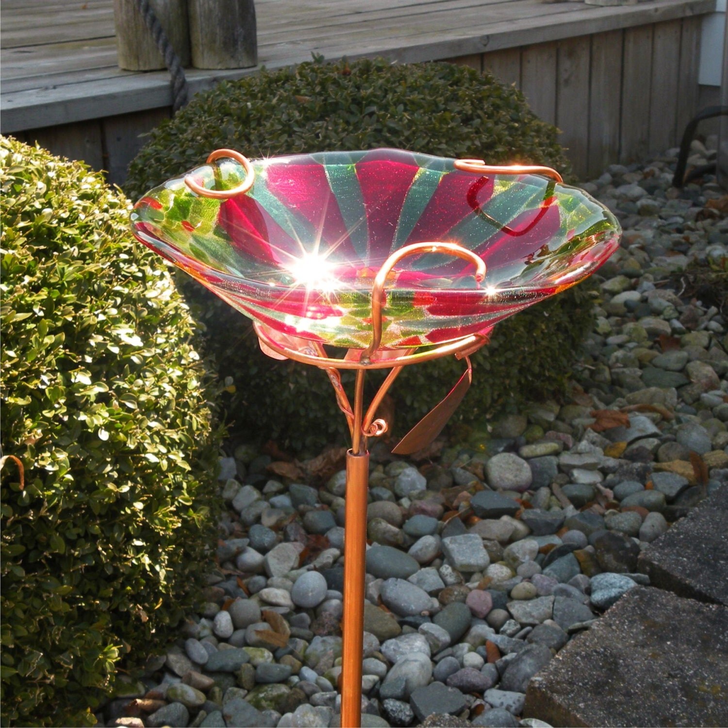 Glass Bird Feeder Garden Stake Red Flowers by blueheron on Etsy