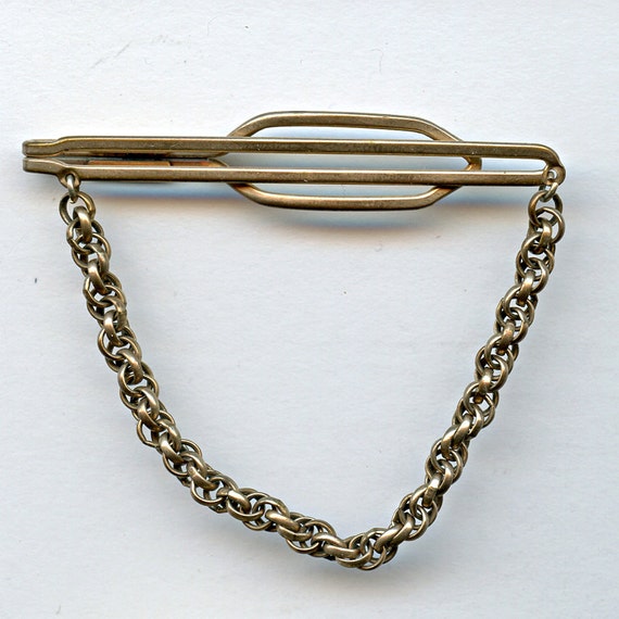 Tie Bar Clasp with Chain NU LOK Wide Brass Vintage 1197