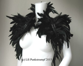Shoulder wrap double fringe black feathers goth burlesque stole