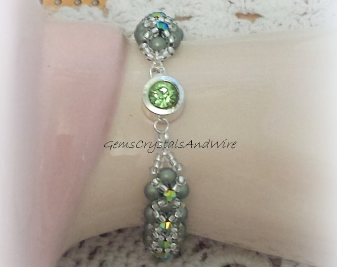 Bracelet, Handmade Ladies Bracelet, Swarovski Pearls, Crystal, Peridot Clasp, Green Pearl Beaded Bracelet, Crystal Bracelet