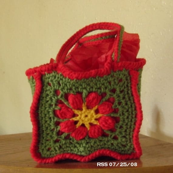 Poinsettia Flower Small Tote Bag - Handmade Red and Green Cotton - Nature and Winter Holiday Inspired - Eco Reusable