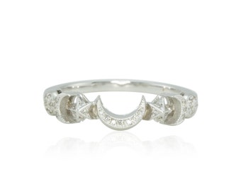 Moon Ring - Sun, Moon, and Stars Diamond Wedding Band in 14k White Gold - Celeste Collection - LS1886