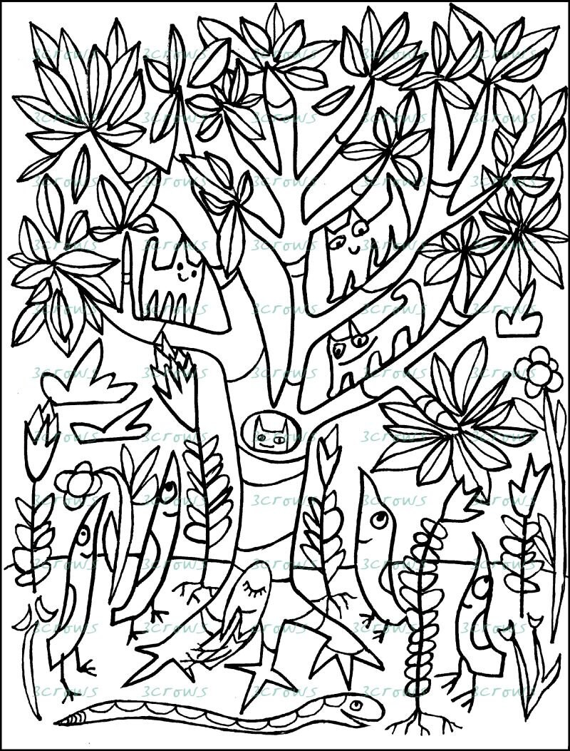 Adult Coloring Book Page - Cats in Tree with Birds - Single Cardstock