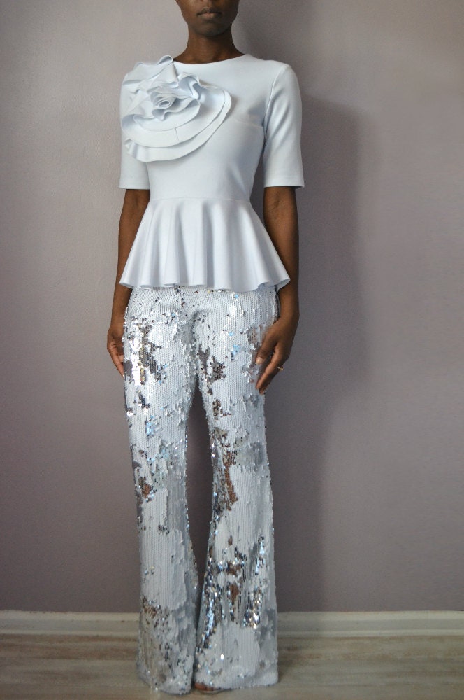 White Sequin Flare Pants