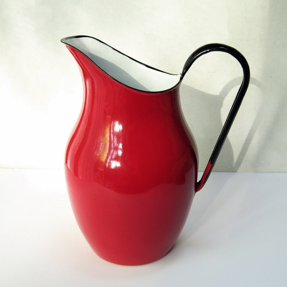 Red Enamelware Pitcher Jug Black & White Enamel Ware Metal