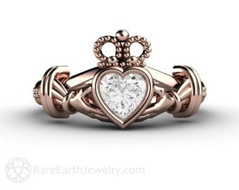 Claddagh Ring White Sapphire Engagement Ring Irish Promise Ring 14K or 18K White Yellow or Rose Gold