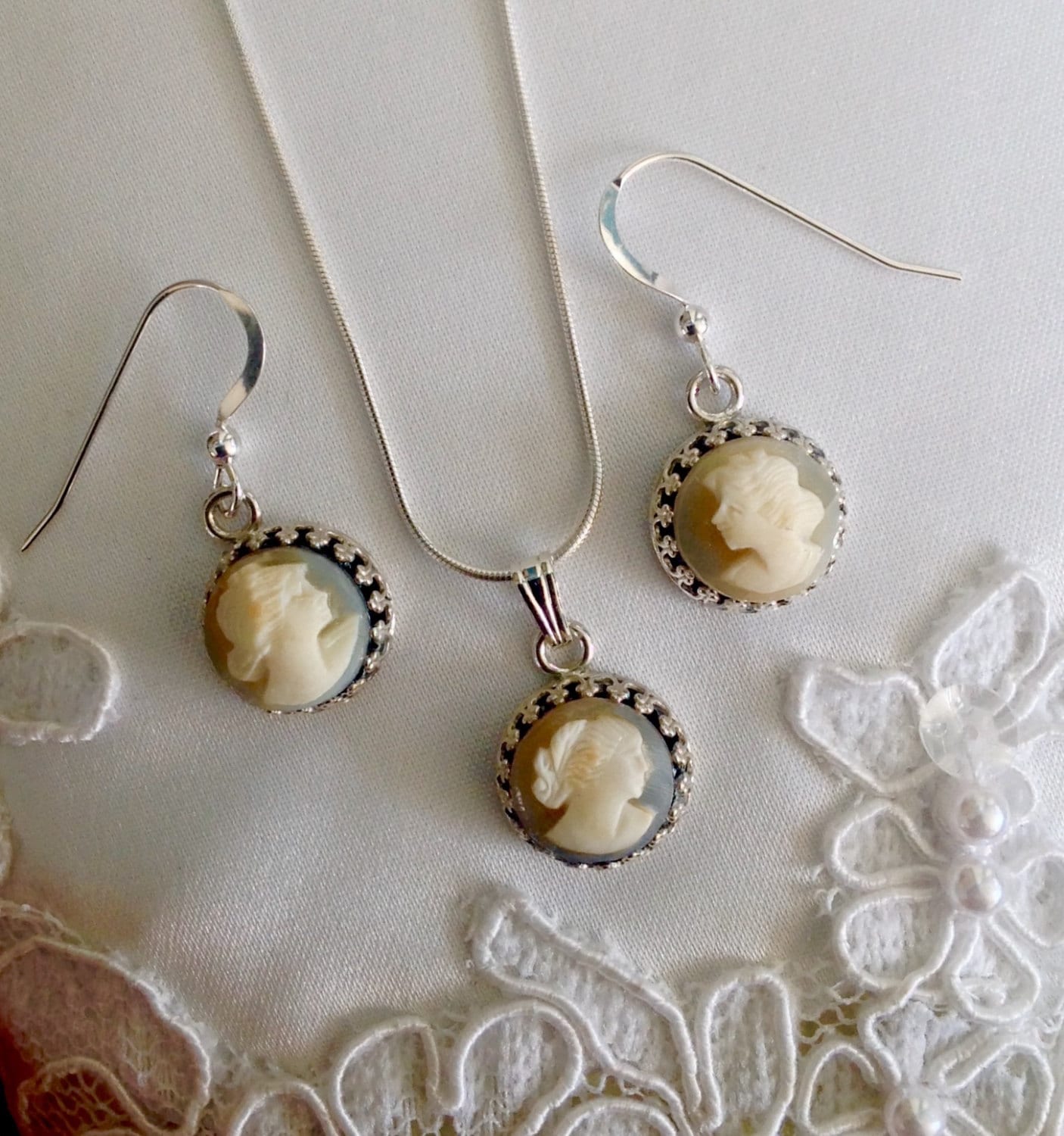 Antique Cameo Jewelry Set Cameo Necklace by DinnerWearJewelry