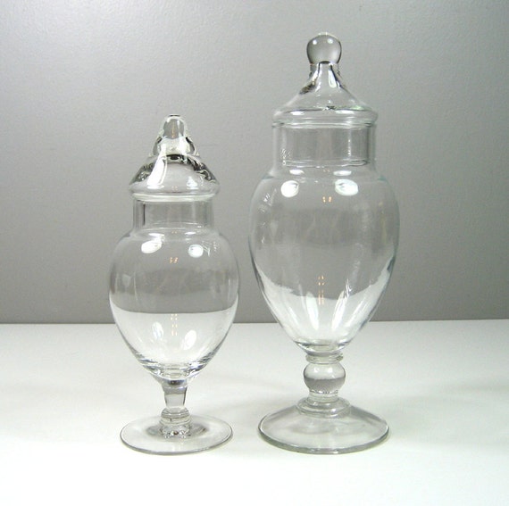 Pair of Small Clear Glass Pedestal Jars Apothecary by catnipalley