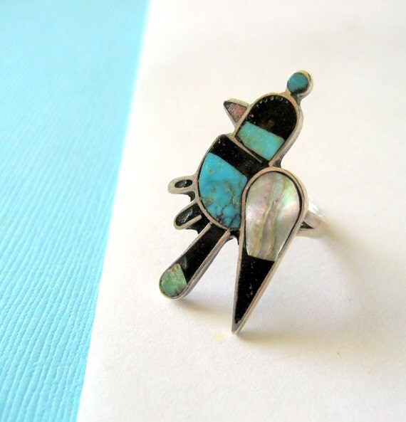 Zuni Inlay and Sterling Silver Bird Ring Size 5.5