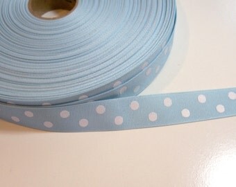 Blue Ribbon, Light Blue and White Polka Dot Grosgrain Ribbon 7/8 inch wide x 5 yards