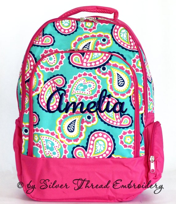 Girls Monogram Backpack Paisley Mint Hot Pink School Personalized