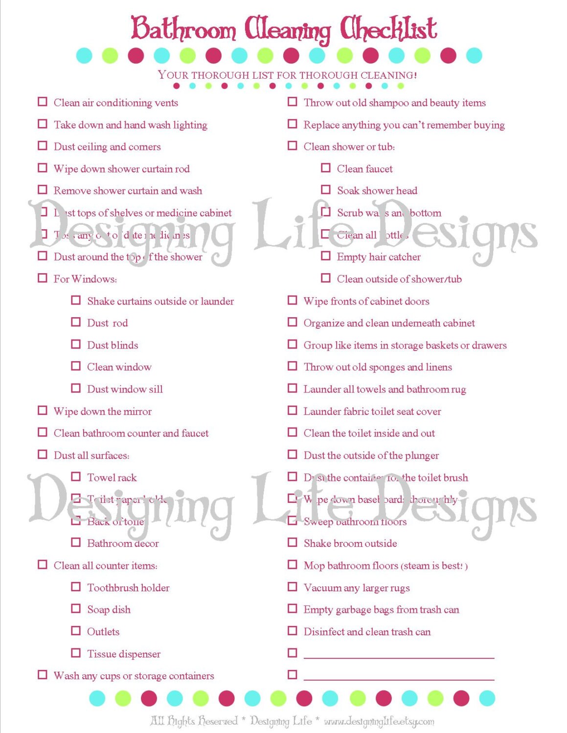 Bathroom Cleaning and Shopping Checklist Two Printable Lists