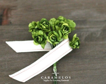36 Miniature Green Millinery Vintage Styel Paper Roses Flowers