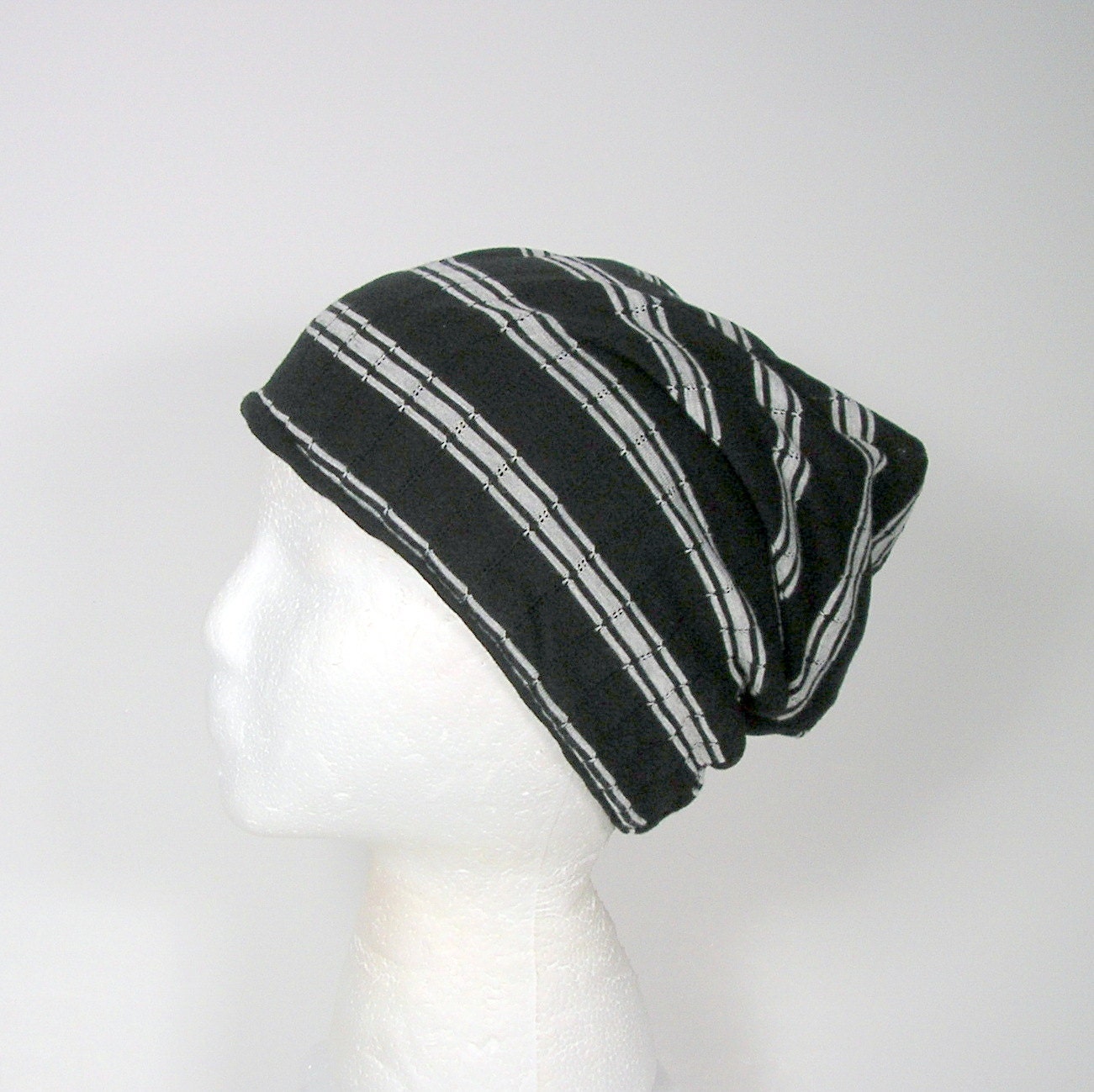 FREE SHIPPING Black and White Striped Beanie Jersey Knit