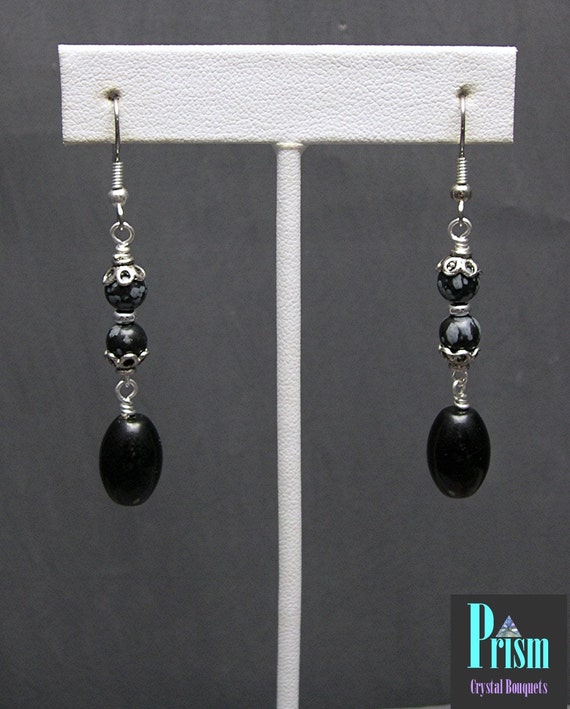 Blackstone and Snowflake Obsidian Dangle Earrings