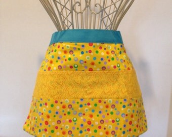 Waist Half Apron Vendor Teacher Nursery Daycare Yellow Circle Dots (8 Pockets)