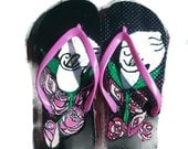 Ladies Size Small 5-6 Pink Flip Flops with Hand Painted Calla Lilies and Roses Summer Designer Shoes Free Shipping