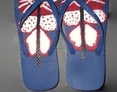 Hand Painted Red White and Blue Butterfly Flip Flops Ladies Size 6-7 Summer Sandals Free Shipping