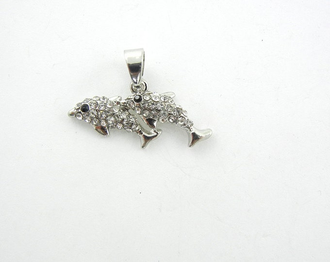 Small Siver-tone Rhinestone Double Dolphin Pendant