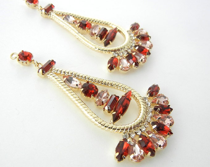 Pair of Gold-tone Drop Charms with Red and Pink Faceted Rhinestones