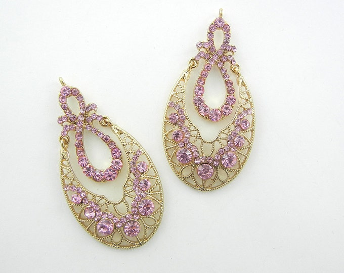 Pair of Chandelier Filigree Pink Rhinestone Gold-tone Drop Charms