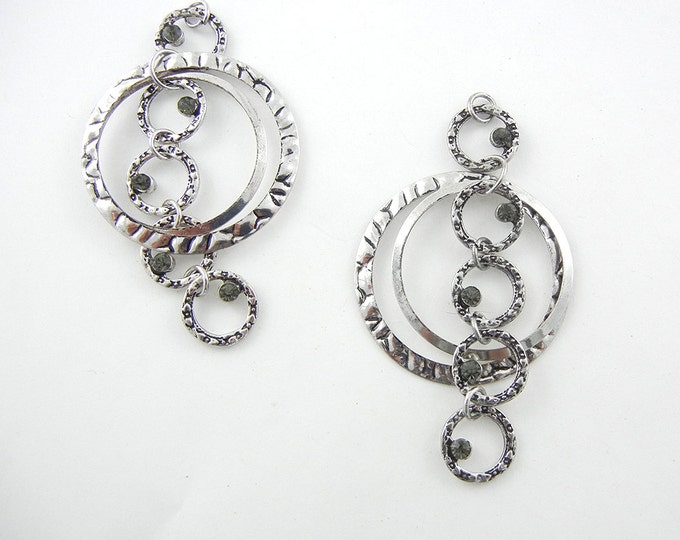 Pair of Circle Drop Charms Antique Silver-tone Gray Rhinestones