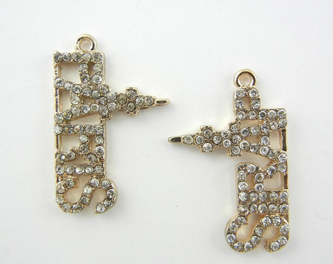 Pair of Gold-tone Paris Word Charms Small Rhinestone Encrusted