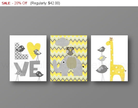 Grey yellow chevron Nursery art baby nursery decor nursery wall art Kids art bird owl Love elephant giraffe Set of 3 Prints by GalerieAnais