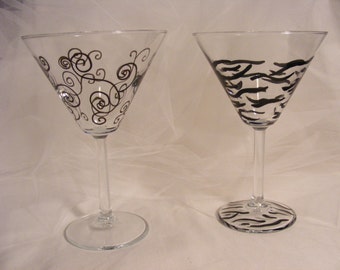 pair of hand painted martini glasses - black scroll and black zebra