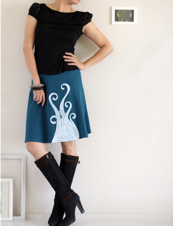 Women Teal Blue Cotton Jersey Knee Length Aline Fold Over